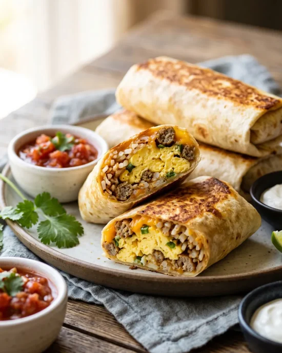 Air Fryer Breakfast Burritos filled with eggs, sausage, hash browns, and melted cheddar cheese, served crispy and golden with salsa on the side.