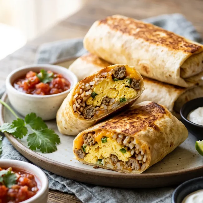 Air Fryer Breakfast Burritos filled with eggs, sausage, hash browns, and melted cheddar cheese, served crispy and golden with salsa on the side.