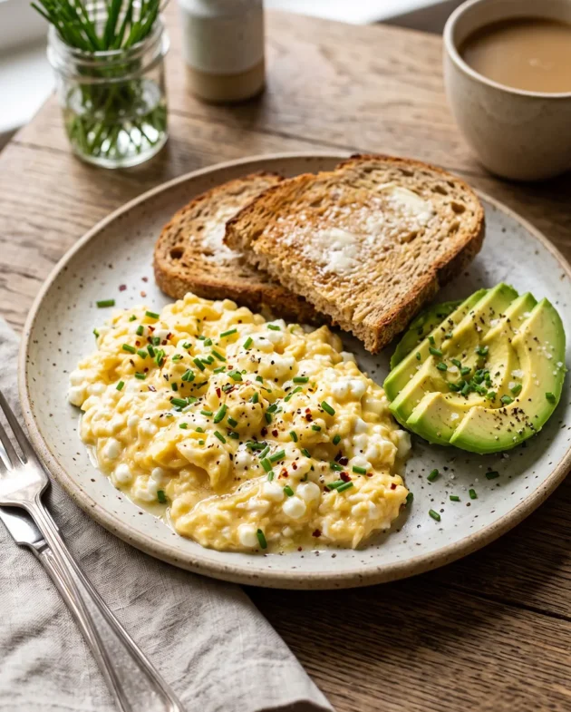 Creamy cottage cheese scrambled eggs topped with fresh chives and served warm with buttered whole wheat toast on a breakfast plate.