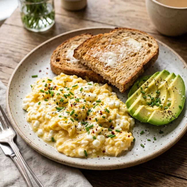 Creamy cottage cheese scrambled eggs topped with fresh chives and served warm with buttered whole wheat toast on a breakfast plate.
