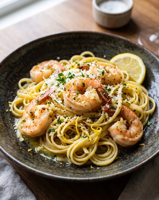 Lemon Garlic Butter Shrimp Pasta made with tender shrimp, buttery garlic lemon sauce, linguine, Parmesan cheese, fresh parsley, and lemon wedges.