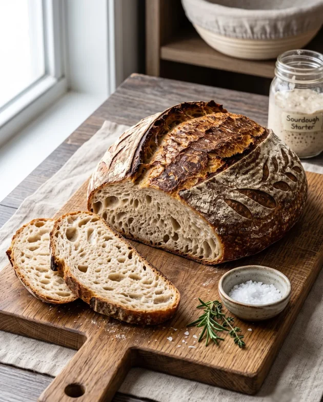 Freshly baked Easy No-Knead Sourdough Bread with a golden crispy crust and airy crumb, sliced on a wooden cutting board.