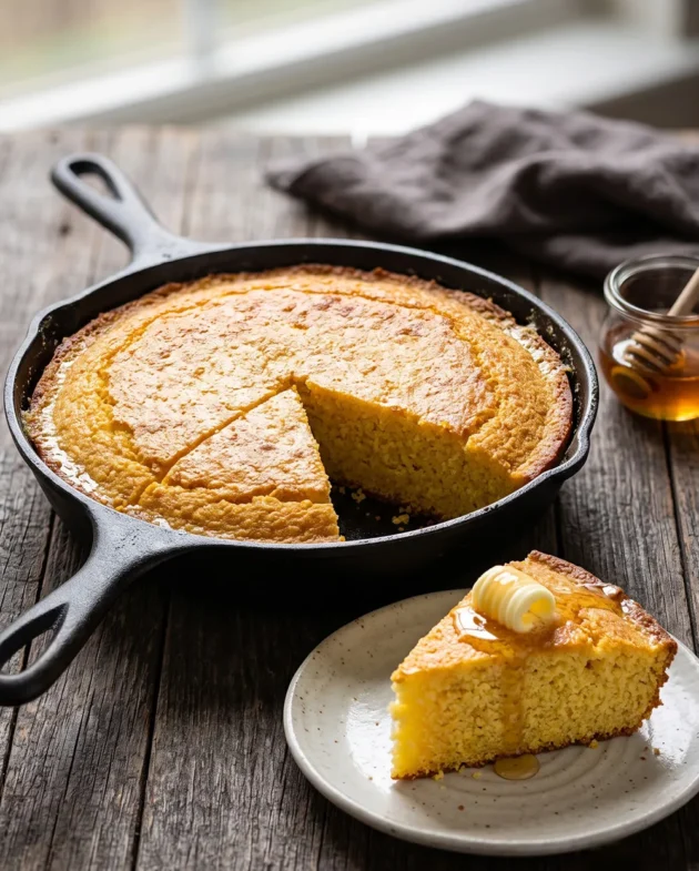 Classic Southern cornbread baked in a cast iron skillet with golden crispy edges, a tender buttery crumb, and honey drizzled on top.
