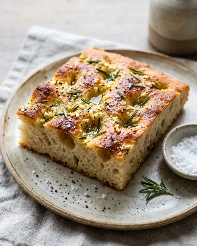 Golden Easy Garlic Herb Focaccia Bread topped with fresh rosemary, minced garlic, flaky sea salt, and olive oil, freshly baked and sliced on a wooden cutting board.