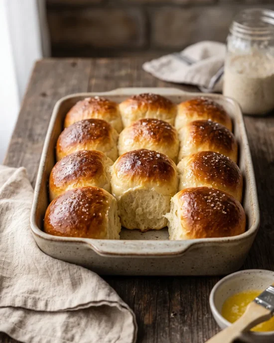 Soft and fluffy sourdough discard dinner rolls brushed with melted butter and served warm in a baking dish.