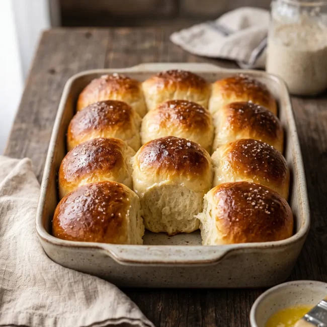 Soft and fluffy sourdough discard dinner rolls brushed with melted butter and served warm in a baking dish.