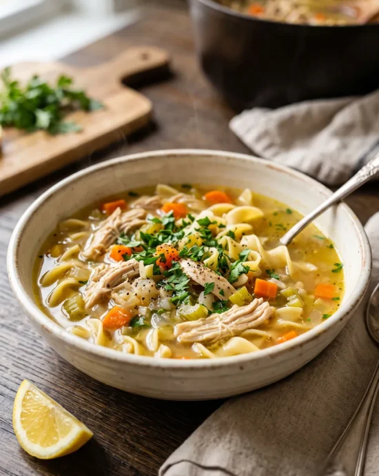 Classic chicken noodle soup with tender chicken, egg noodles, carrots, and celery served in a rustic bowl with fresh parsley.