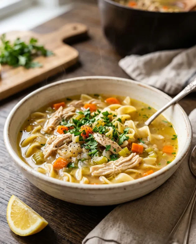 Classic chicken noodle soup with tender chicken, egg noodles, carrots, and celery served in a rustic bowl with fresh parsley.