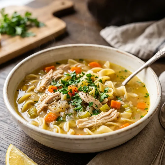 Classic chicken noodle soup with tender chicken, egg noodles, carrots, and celery served in a rustic bowl with fresh parsley.