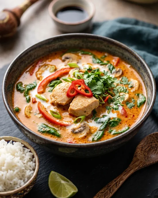 Creamy Thai Coconut Curry Chicken Soup with tender chicken, coconut milk, red curry paste, spinach, and fresh lime served in a rustic bowl.
