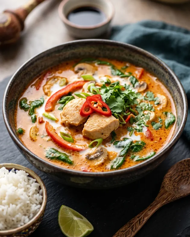 Creamy Thai Coconut Curry Chicken Soup with tender chicken, coconut milk, red curry paste, spinach, and fresh lime served in a rustic bowl.