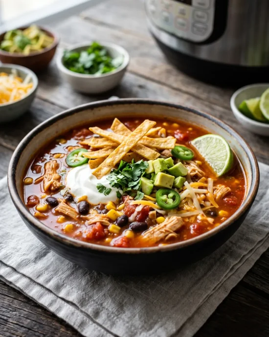 Instant Pot Chicken Tortilla Soup topped with crispy tortilla strips, avocado, shredded cheese, cilantro, and lime wedges in a white bowl.