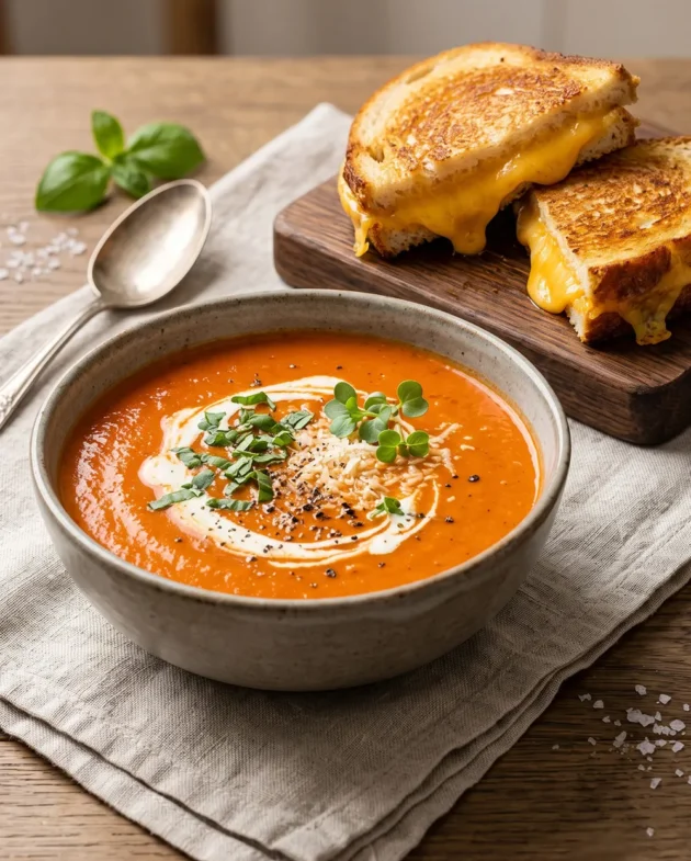 Creamy tomato basil soup served with crispy grilled cheese sandwiches in a rustic bowl, garnished with fresh basil and black pepper.