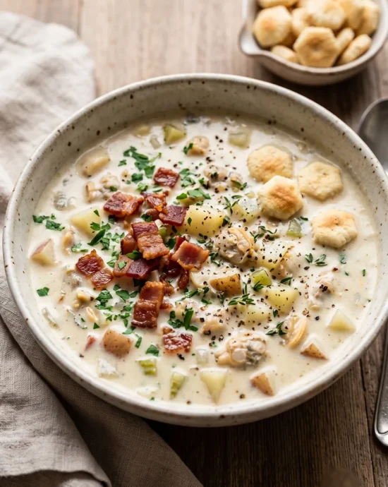 Classic New England Clam Chowder served in a rustic bowl with crispy bacon, tender potatoes, chopped clams, fresh parsley, and oyster crackers on the side.