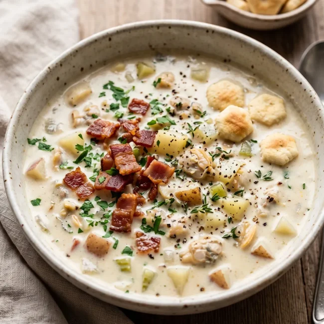 Classic New England Clam Chowder served in a rustic bowl with crispy bacon, tender potatoes, chopped clams, fresh parsley, and oyster crackers on the side.