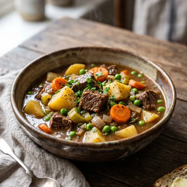 Slow Cooker Beef and Vegetable Stew made with tender beef chuck, potatoes, carrots, and rich beef broth served in a rustic bowl.