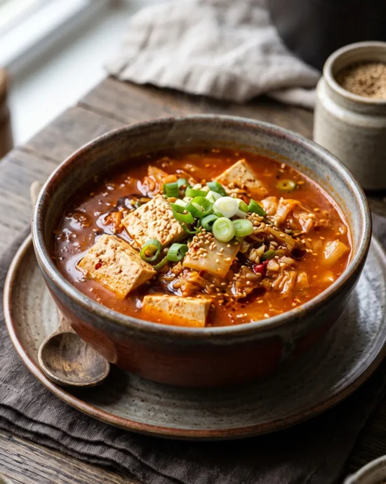 Gut-Health Kimchi and Tofu Soup served hot with tofu cubes, fermented kimchi, scallions, and sesame seeds in a rustic bowl.