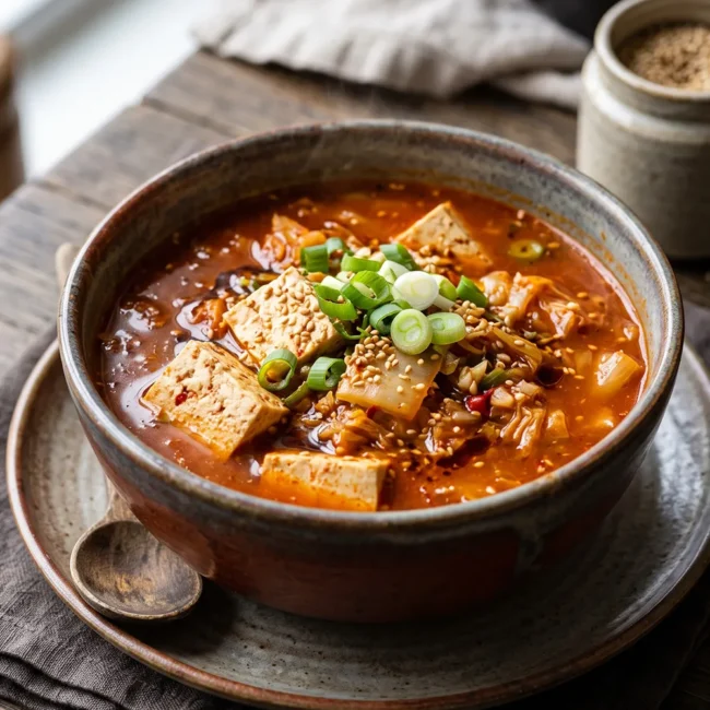 Gut-Health Kimchi and Tofu Soup served hot with tofu cubes, fermented kimchi, scallions, and sesame seeds in a rustic bowl.