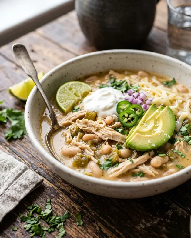 Creamy Instant Pot White Chicken Chili topped with avocado, cilantro, shredded cheese, and tortilla strips served in a rustic bowl.