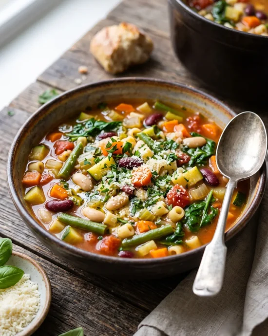 A bowl of classic minestrone soup with vegetables, cannellini beans, pasta, tomatoes, spinach, and fresh parsley served with crusty bread.
