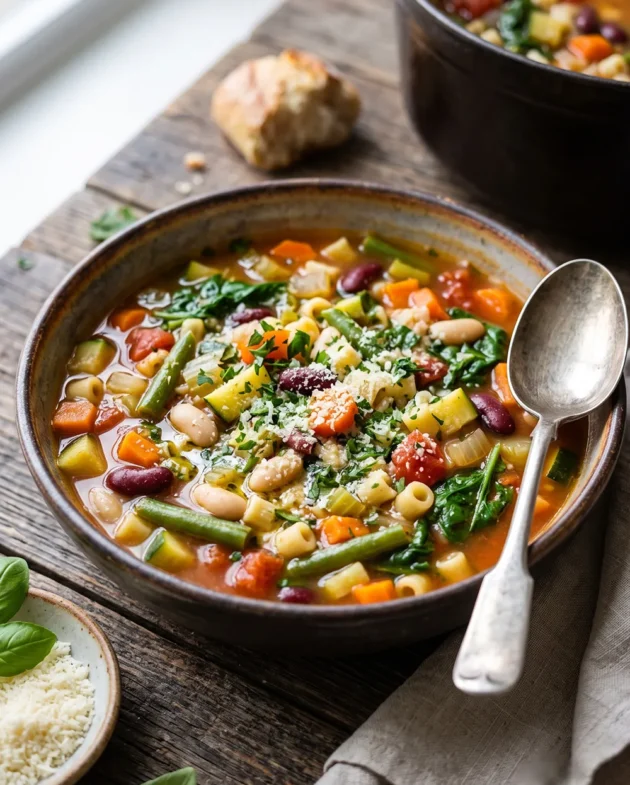 A bowl of classic minestrone soup with vegetables, cannellini beans, pasta, tomatoes, spinach, and fresh parsley served with crusty bread.