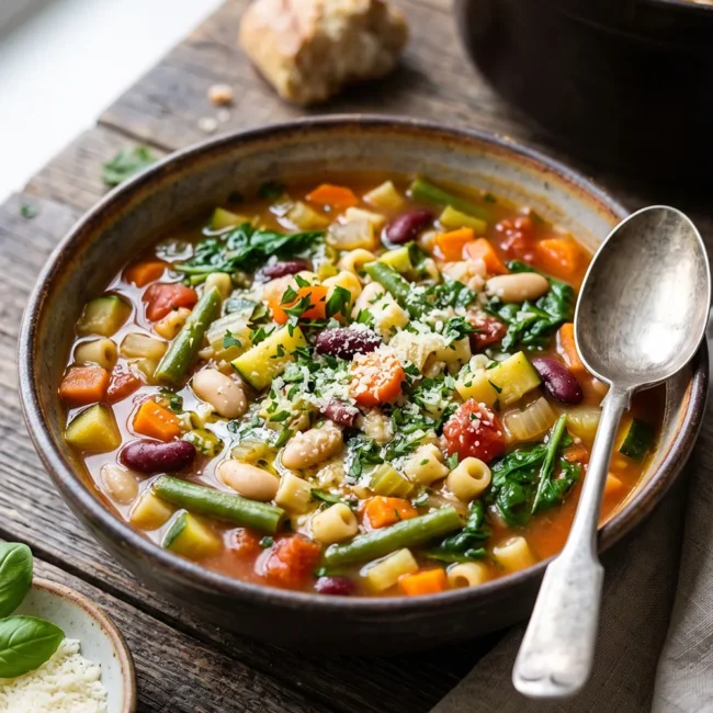 A bowl of classic minestrone soup with vegetables, cannellini beans, pasta, tomatoes, spinach, and fresh parsley served with crusty bread.