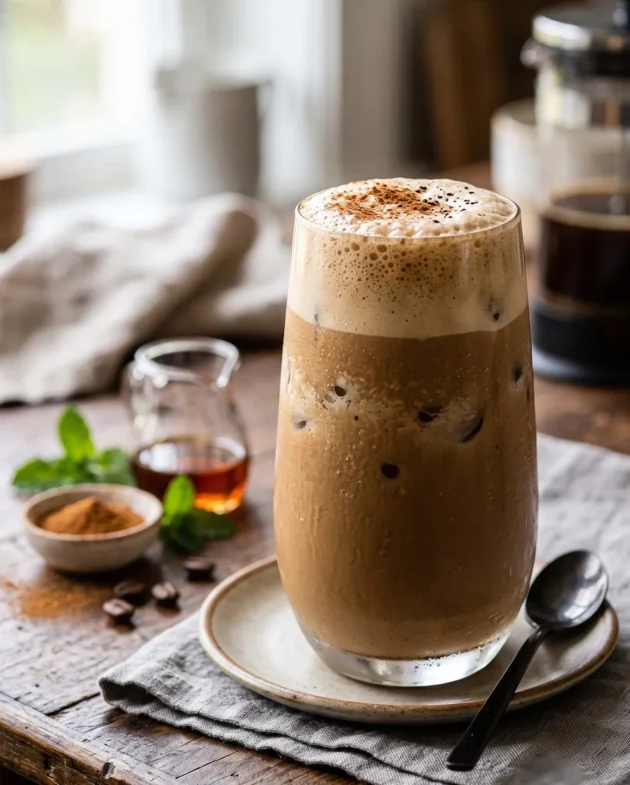 Creamy Protein Coffee Shake made with espresso, protein powder, milk, and ice in a tall glass, topped with light foam and served as a healthy high-protein latte.