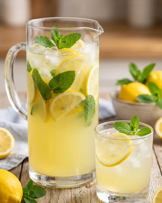 Classic homemade lemonade made with fresh lemons, mint leaves, and ice cubes served in a clear glass pitcher and glasses.