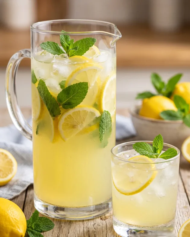 Classic homemade lemonade made with fresh lemons, mint leaves, and ice cubes served in a clear glass pitcher and glasses.