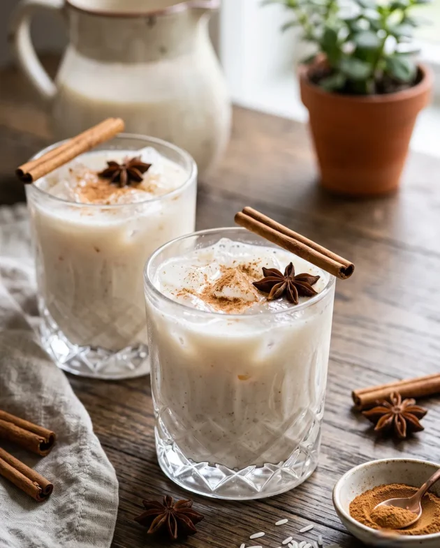 Creamy Mexican-Style Horchata served over ice in a glass, garnished with ground cinnamon and cinnamon sticks.