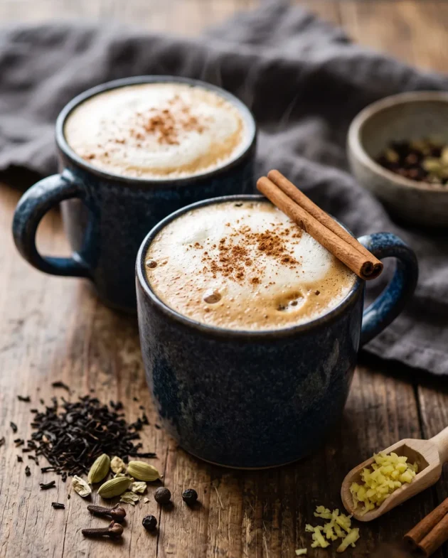 Homemade Spiced Chai Latte from Scratch served in a ceramic mug with cinnamon sticks, cardamom pods, and black tea on a rustic wooden table.