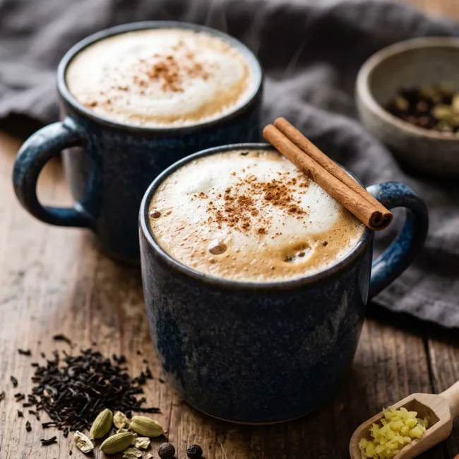 Homemade Spiced Chai Latte from Scratch served in a ceramic mug with cinnamon sticks, cardamom pods, and black tea on a rustic wooden table.