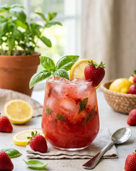Refreshing Strawberry Basil Lemonade served over ice with fresh strawberries, lemon slices, and basil leaves in a tall glass.