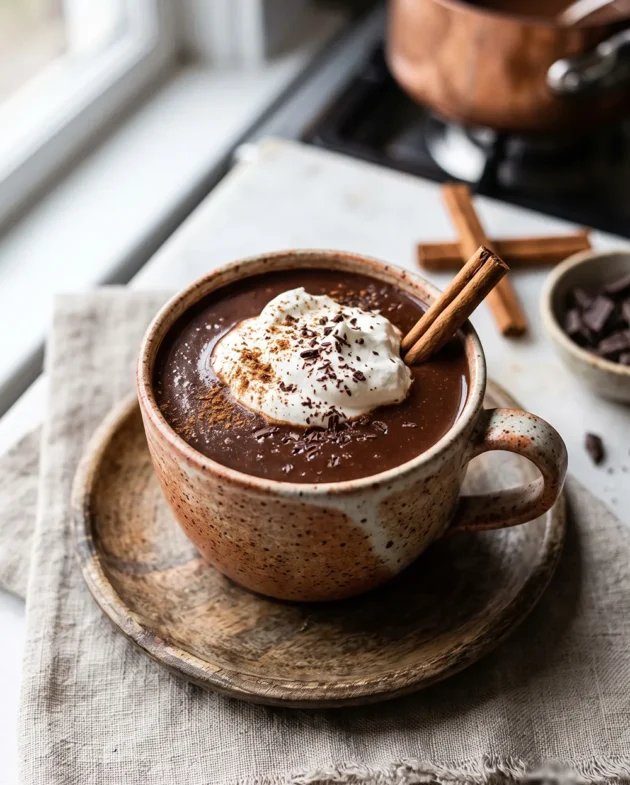 Creamy homemade Mexican hot chocolate topped with whipped cream, chocolate shavings, and cinnamon sticks in a cozy mug.