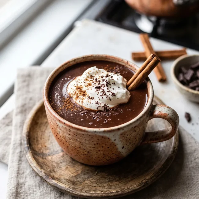 Creamy homemade Mexican hot chocolate topped with whipped cream, chocolate shavings, and cinnamon sticks in a cozy mug.