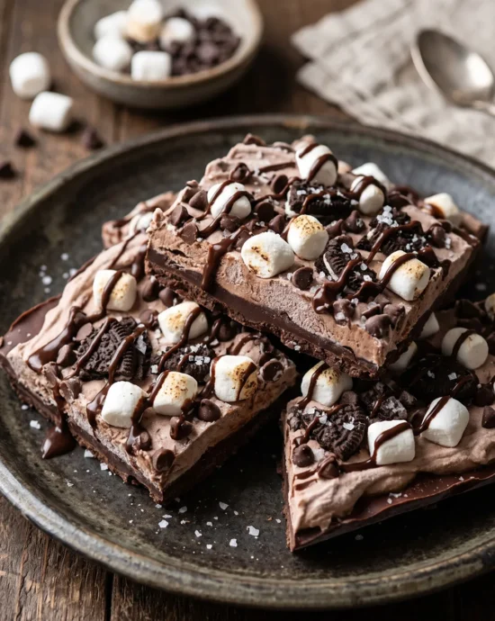 Frozen Hot Chocolate Bark topped with whipped cream, mini marshmallows, chocolate chips, and chocolate drizzle on a chilled serving plate.