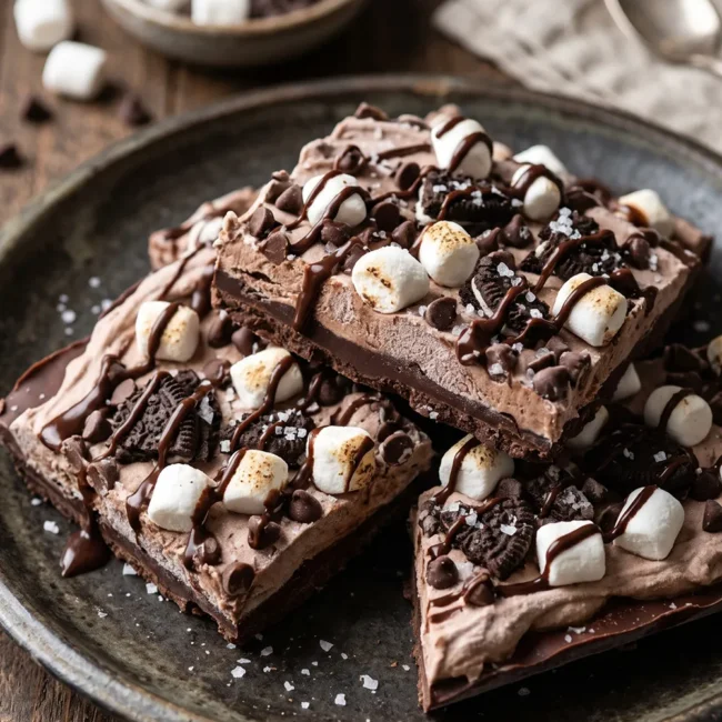 Frozen Hot Chocolate Bark topped with whipped cream, mini marshmallows, chocolate chips, and chocolate drizzle on a chilled serving plate.