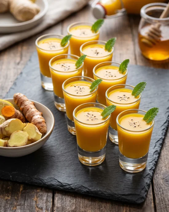 Fresh Gut-Health Ginger Turmeric Shot served in a small glass with fresh ginger, turmeric root, lemon slices, and cayenne pepper.
