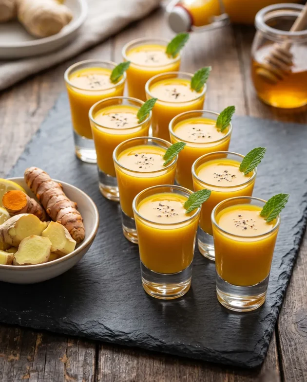Fresh Gut-Health Ginger Turmeric Shot served in a small glass with fresh ginger, turmeric root, lemon slices, and cayenne pepper.
