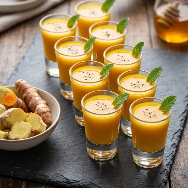 Fresh Gut-Health Ginger Turmeric Shot served in a small glass with fresh ginger, turmeric root, lemon slices, and cayenne pepper.