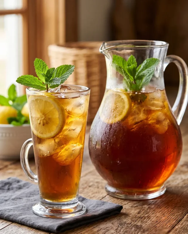 Refreshing glass of Classic Southern Sweet Tea with lemon slices, ice cubes, and fresh mint served in a clear glass pitcher.