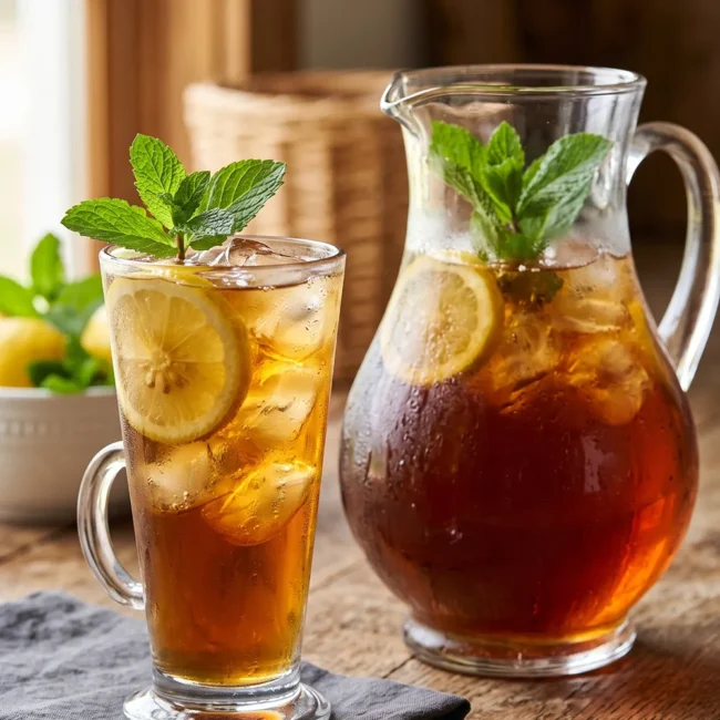 Refreshing glass of Classic Southern Sweet Tea with lemon slices, ice cubes, and fresh mint served in a clear glass pitcher.