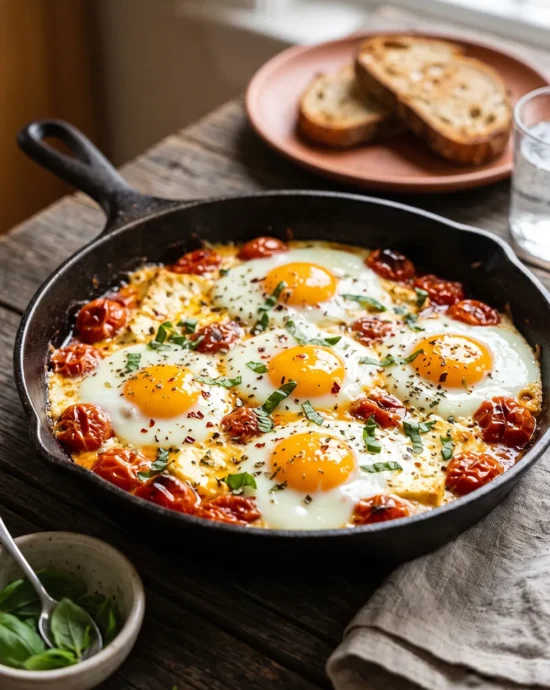 Baked feta and egg breakfast skillet with cherry tomatoes, creamy feta cheese, and fresh basil baked in an oven-safe skillet.