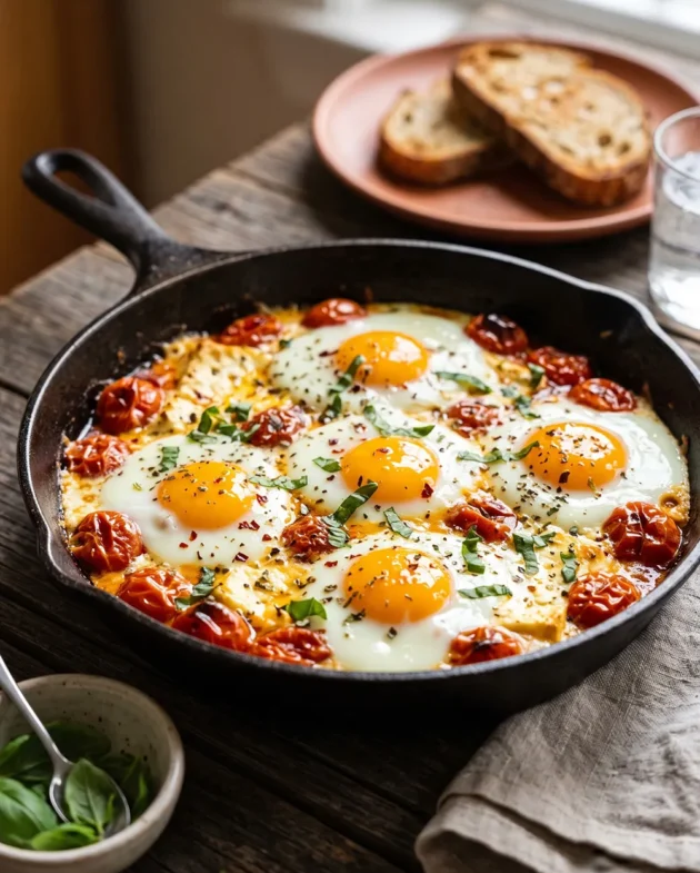 Baked feta and egg breakfast skillet with cherry tomatoes, creamy feta cheese, and fresh basil baked in an oven-safe skillet.