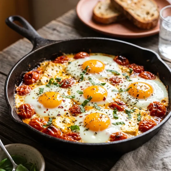 Baked feta and egg breakfast skillet with cherry tomatoes, creamy feta cheese, and fresh basil baked in an oven-safe skillet.