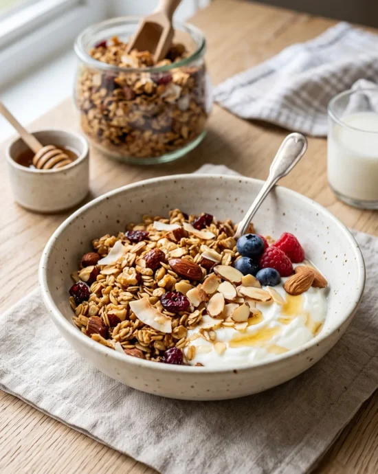 Easy homemade granola with honey, rolled oats, almonds, and coconut oil baked until golden and crunchy, served in a breakfast bowl.
