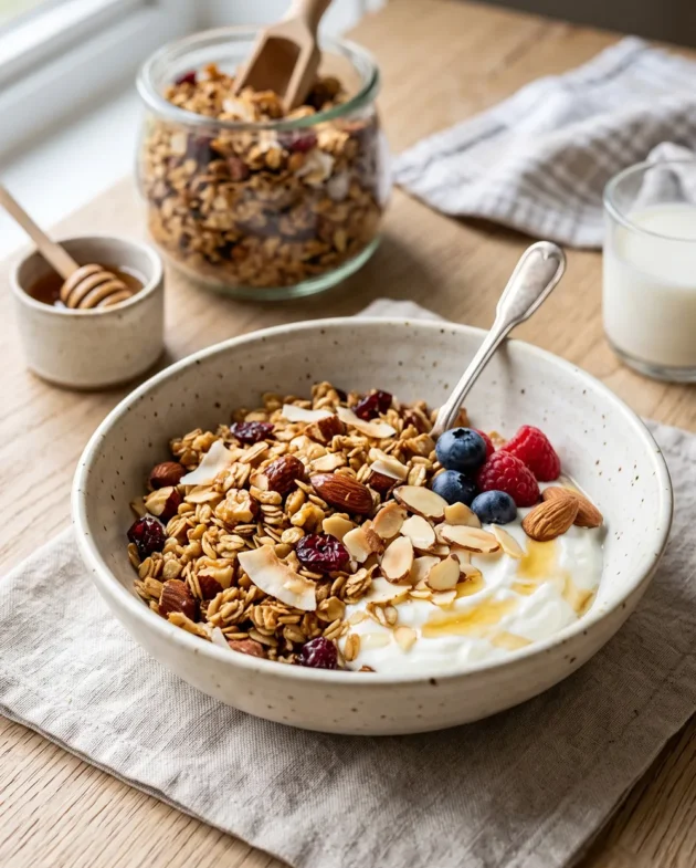 Easy homemade granola with honey, rolled oats, almonds, and coconut oil baked until golden and crunchy, served in a breakfast bowl.