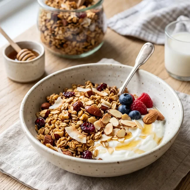 Easy homemade granola with honey, rolled oats, almonds, and coconut oil baked until golden and crunchy, served in a breakfast bowl.