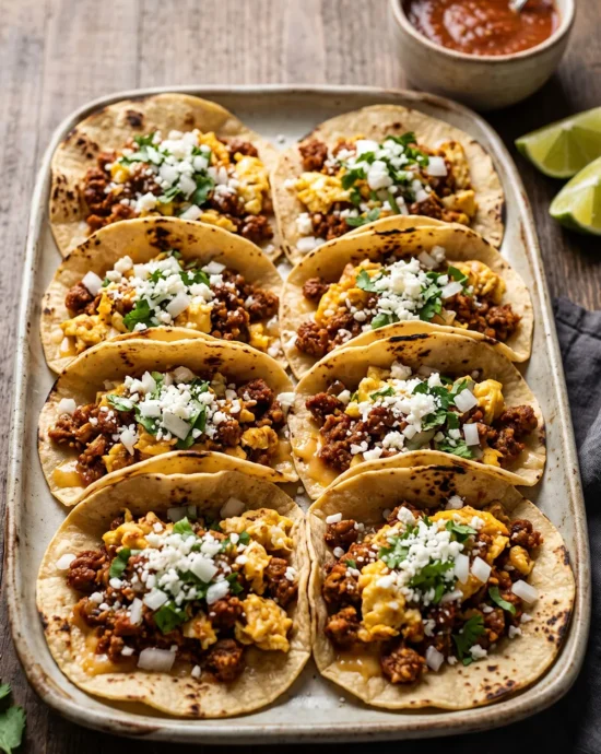 Chorizo and egg breakfast tacos with warm corn tortillas, scrambled eggs, crumbled cotija cheese, and fresh cilantro served for a Mexican breakfast.