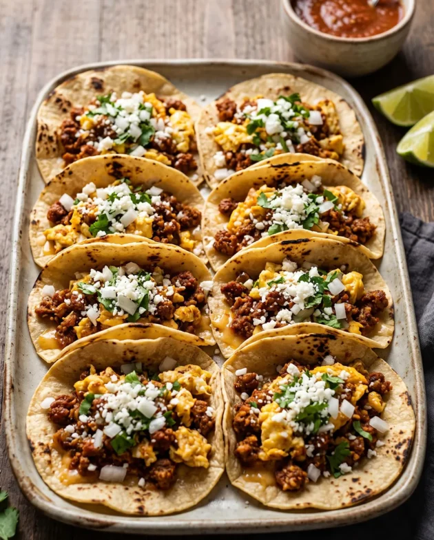 Chorizo and egg breakfast tacos with warm corn tortillas, scrambled eggs, crumbled cotija cheese, and fresh cilantro served for a Mexican breakfast.